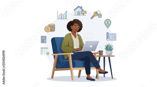 Black woman sitting in a chair using a laptop with business icons isolated on white background