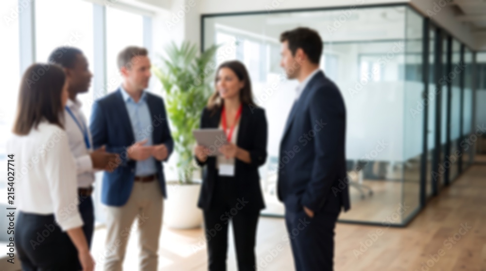 Obraz premium Business professionals gathered in modern office space for project discussion with digital tablet and professional attire in soft focus corporate environment setting