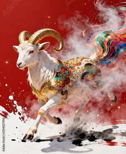 Simple line art on red background, handwritten 2027 forming golden galloping goat, 3D metallic embossed artistic line poster
