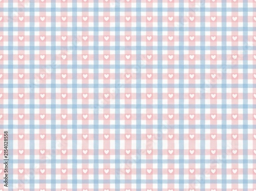 Seamless pattern with small white hearts on a pink and blue plaid background
