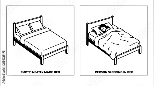 Bed set with flat design illustrations featuring modern, minimalist, and cozy styles with wooden frame and linen texture and abstract shapes