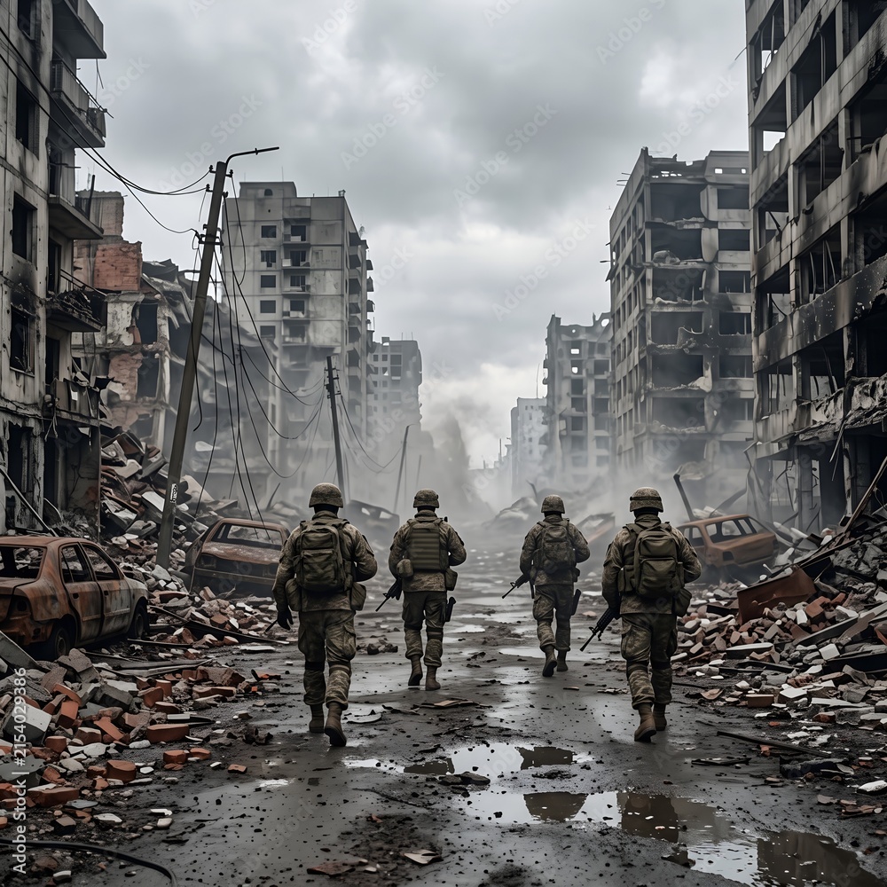 Obraz premium Group of Soldiers Walking Through a War Torn City Filled With Rubble Smoke and Ruins