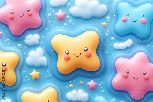 Cute Colorful Cloud and Star Cartoon Pattern with Smiling Faces for Children's Design