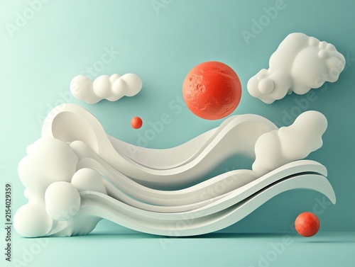 Abstract White Cloud and Red Sphere Art Composition in Minimalist Style
