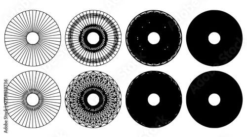 Four circular patterns set with geometric shapes featuring concentric circles, abstract designs, and symmetrical layouts with modern and minimalist styles