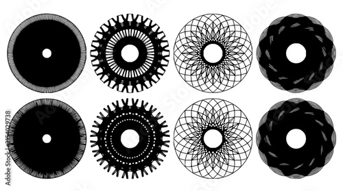 Four circular patterns with geometric line art featuring concentric circles, abstract designs, and minimalist style with symmetrical shapes