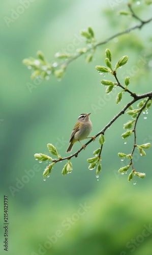 Minimalist spring natural scene, locust twigs sprouting fresh buds, crystal water‑droplets, chirping lark perching on twig, fresh green tone showing thriving budding life