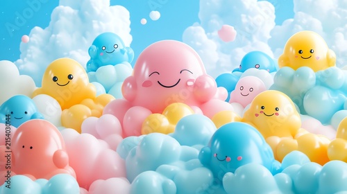 Colorful Cloud Characters in Bright Sky with Smiling Faces and Playful Expression