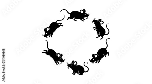 Six black mice set in circular arrangement featuring silhouettes, monochrome, rodents, and minimalist design