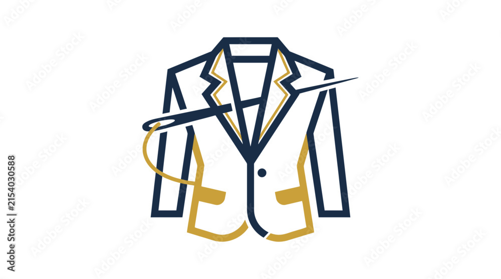Obraz premium Professional Tailoring Service Logo Featuring a Stylish Blazer Jacket Outline Pierced by a Sewing Needle and Thread for Custom Clothing Design