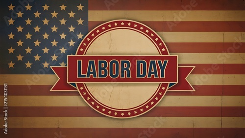 Labor day celebration with american flag and vintage patriotic emblem