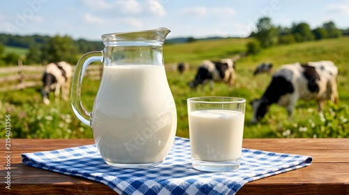 Fresh milk in a glass pitcher and cup on a