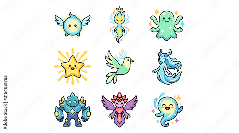 Fototapeta premium Magical ethereal creatures and celestial spirit character icons.
