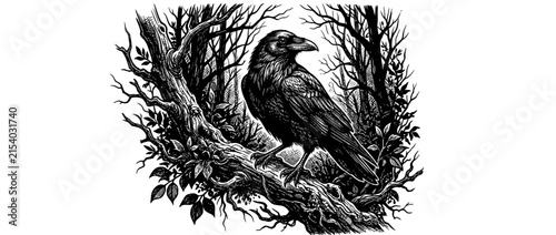 Canvas Print Black raven perched on a gnarled tree branch, intricate ink drawing
