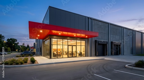 Modern commercial warehouse building with red canopy at twilight exterior