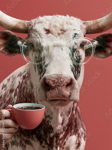 A cow wearing glasses and holding a cup of coffee, looking directly at the camera