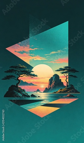 Minimal abstract illustration, turquoise glow and gem sunset colors, mirage imagery, asymmetrical composition, dark solid background
