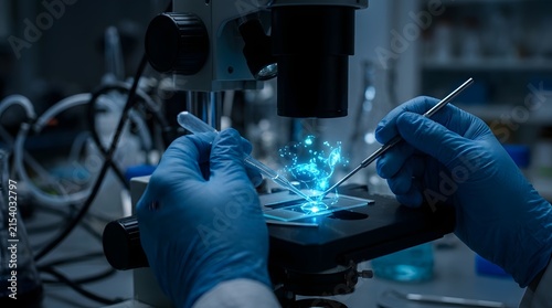 Scientist analyzing glowing sample under microscope in medical laboratory