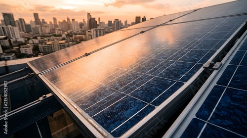 Solar panels on a rooftop overlooking a modern city skyline
