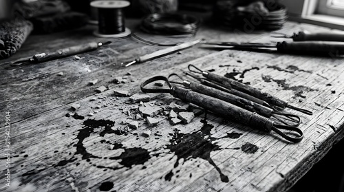 Pottery sculpting tools and clay debris on a rustic wooden
