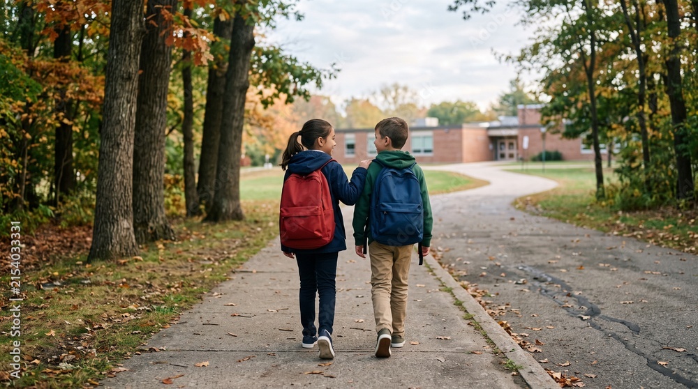 Obraz premium Two young students with backpacks walking towards school building in autumn season