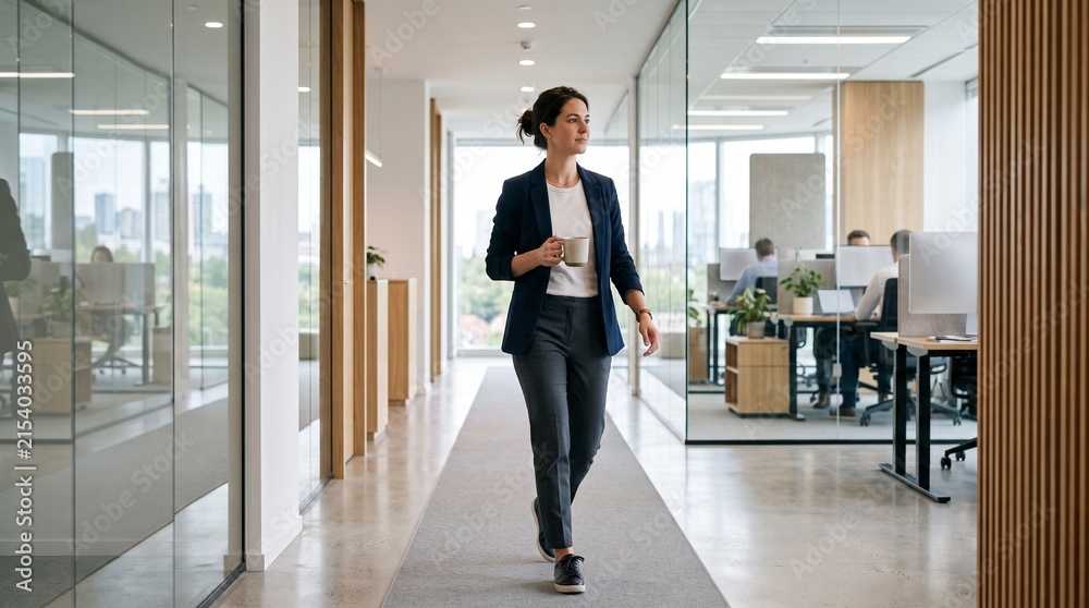 Fototapeta premium Confident businesswoman walks down modern office hallway holding a coffee mug and looking thoughtfully to the side