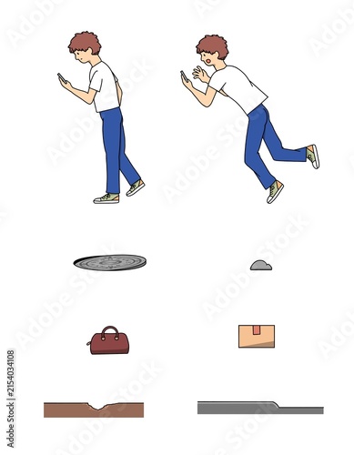Foto Walking while using a smartphone and tripping set