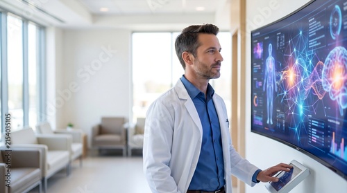 Doctor using artificial intelligence technology and digital medical data in a modern healthcare environment.