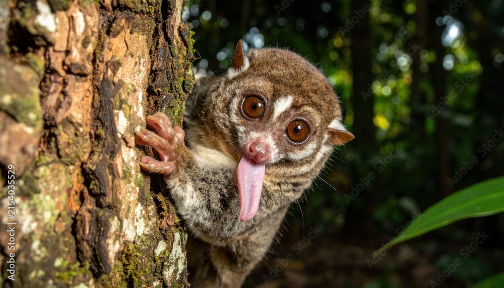 Naklejka premium Funny slow loris primate sticking out its tongue.