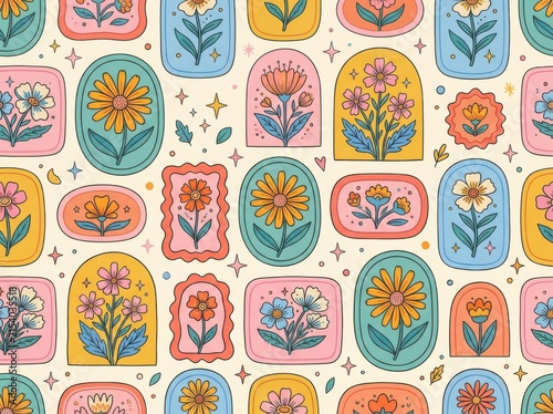 Seamless pattern with retro floral illustrations in colorful geometric frames
