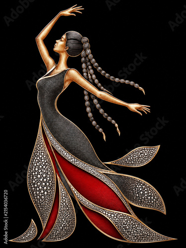 Graceful Female Dancer in Luxurious Black and Gold Couture Dress with Sculptural Flowing Skirt