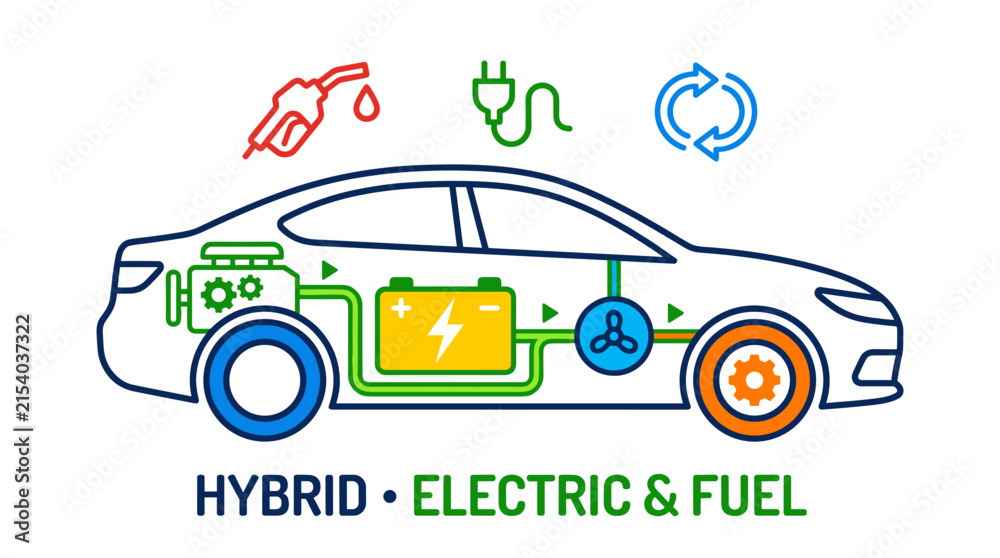 Naklejka premium Hybrid vehicle technology illustration showing electric and fuel systems