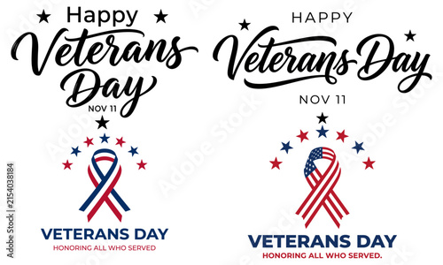 Set of veterans day greeting designs with patriotic ribbons and stars for november eleventh holiday celebration