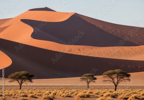 Golden Sand Dunes Sculpted by Wind with Acacia Trees in Namib Desert, Namibia