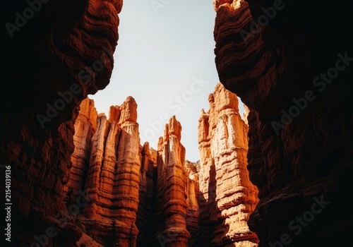 Dramatic view of hoodoos in Bryce Canyon National Park, Utah, bathed in warm sunlight.