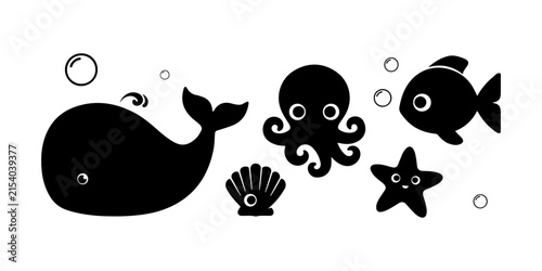Marine Life Silhouette Icon Set - Whale, Octopus, Fish, and Starfish Vector Clipart.