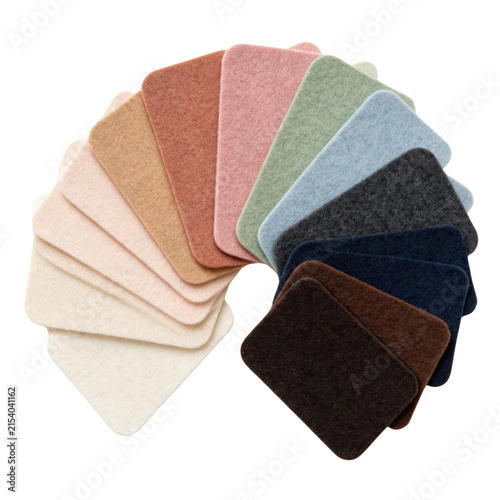 Soft felt fabric swatches in various colors arranged in fan shape showing texture and sensory appeal for design use
