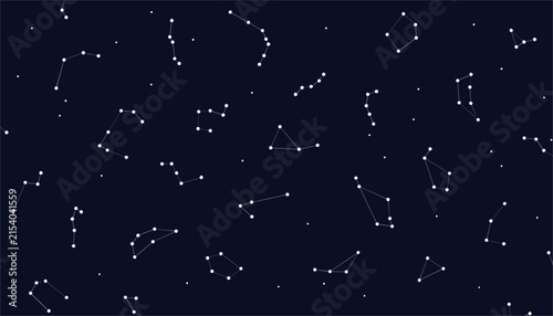 Seamless pattern of white star constellations and small sparkling stars over a dark night sky background.