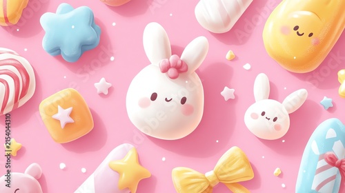 Cute Pastel Bunny and Star Shaped Cookies on Pink Background for Kids Celebration