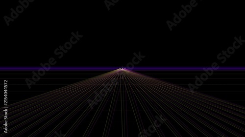 Perspective grid lines converge at a vanishing point against a dark background with a glowing horizon