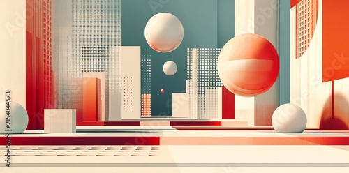 Abstract Geometric Futuristic Cityscape with Floating Spheres in Warm Tones