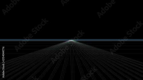 Glowing white grid lines stretch toward a distant vanishing point on a black background.