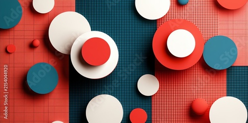 Colorful Geometric Pattern with Circles and Squares in Red Blue and White Modern Design