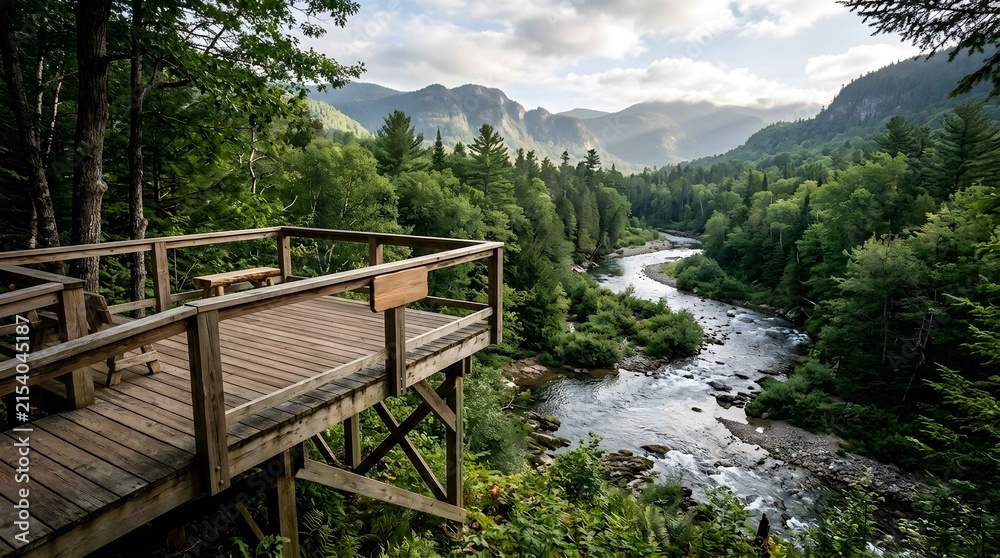 Fototapeta premium Wooden observation deck overlooking a forested river valley