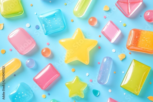 Colorful Plastic Candy Shapes Including Stars and Cubes on Bright Blue Background