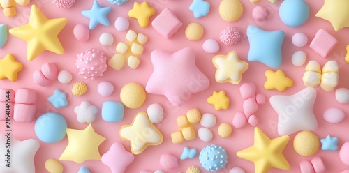 Colorful Pastel Candy Assortment with Star and Sphere Shapes on Pink Background