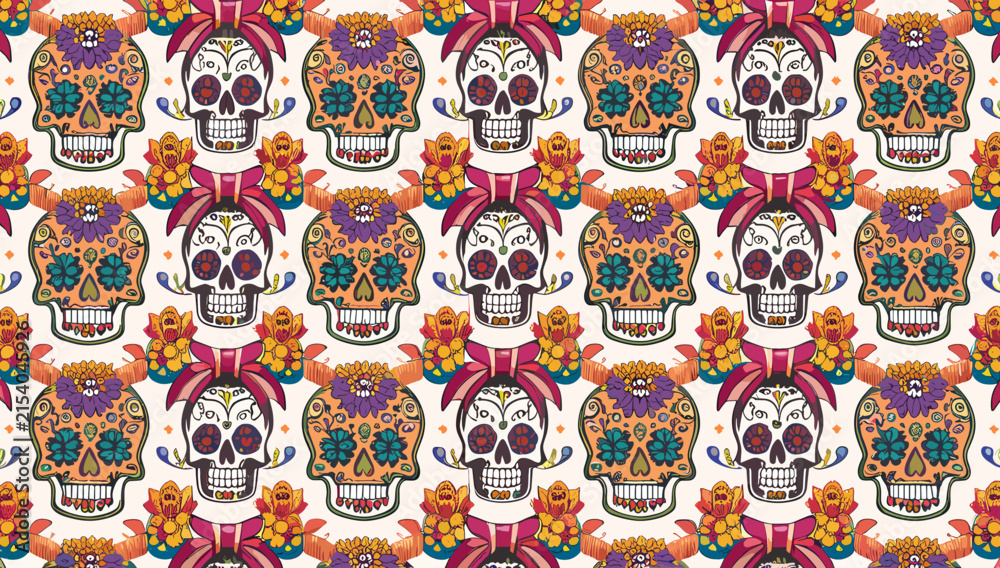 Fototapeta premium A vibrant and colorful seamless pattern featuring decorative sugar skulls adorned with floral elements and bows, evoking a festive Day of the Dead theme.