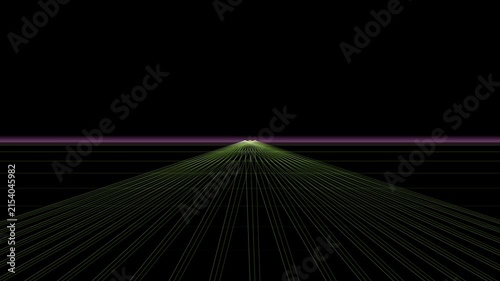 Glowing green and purple grid lines converge toward a distant vanishing point in a retro digital landscape.