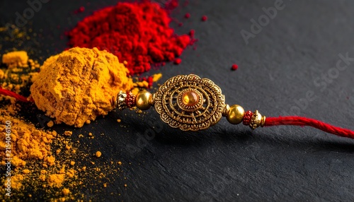 Traditional Gold Rakhi with Kumkum and Turmeric on Dark Background for Raksha Bandhan