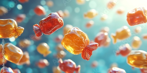 Colorful Caramel Candies Floating in Bright Blue Background